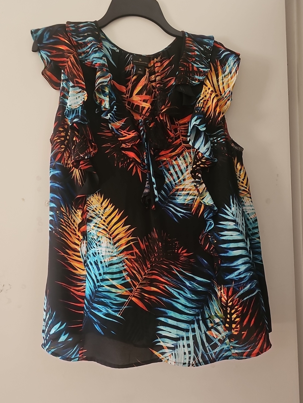Worthington Black Camisole with Blue and Orange Palm Print